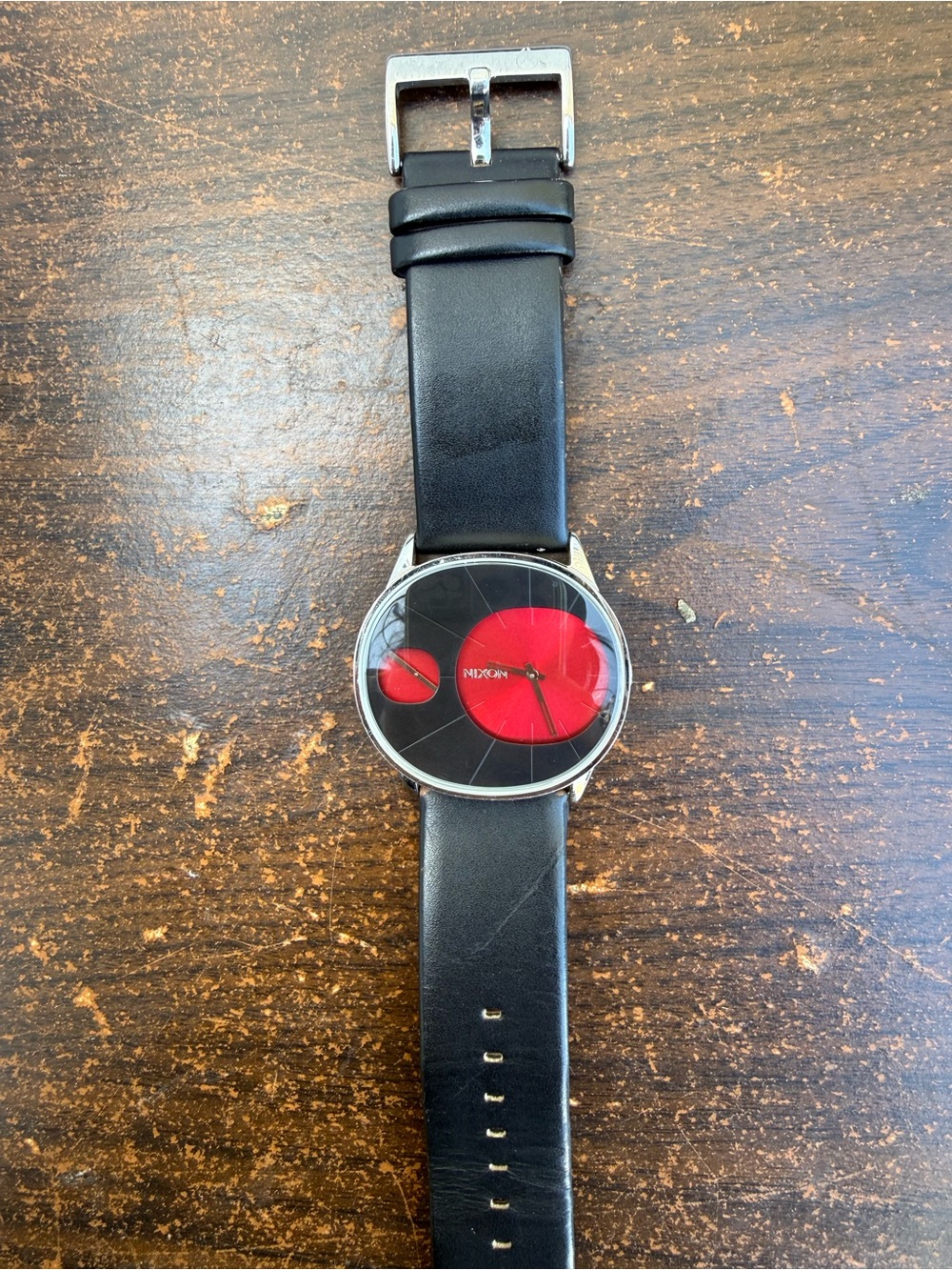 Nixon Black Leather Watch with Red Dial